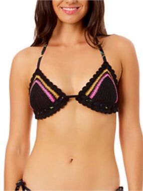 Salt + Cove Black Crochet Triangle Bikini Top with Pink and Yellow Stripes